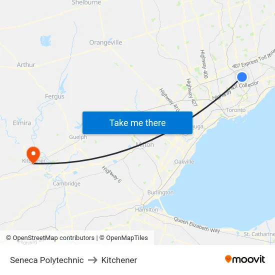 Seneca Polytechnic to Kitchener map