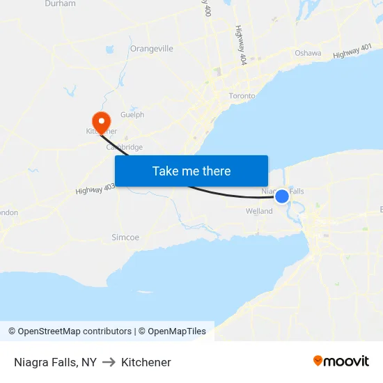 Niagra Falls, NY to Kitchener map