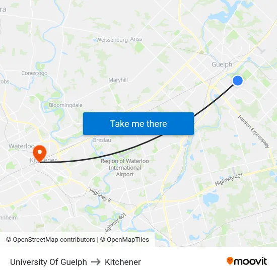 University Of Guelph to Kitchener map