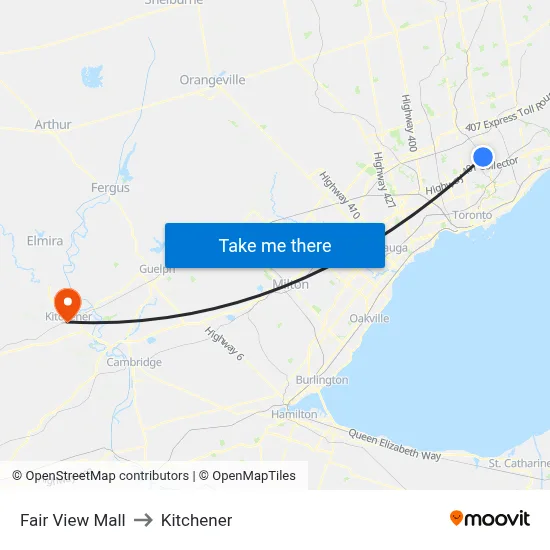 Fair View Mall to Kitchener map