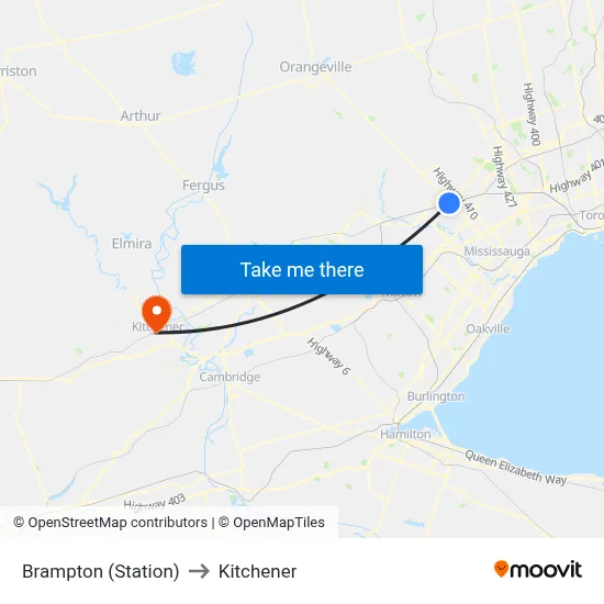Brampton (Station) to Kitchener map