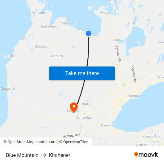 Blue Mountain to Kitchener map