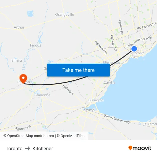 Toronto to Kitchener map