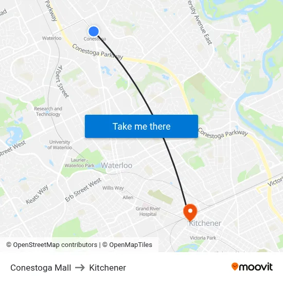 Conestoga Mall to Kitchener map