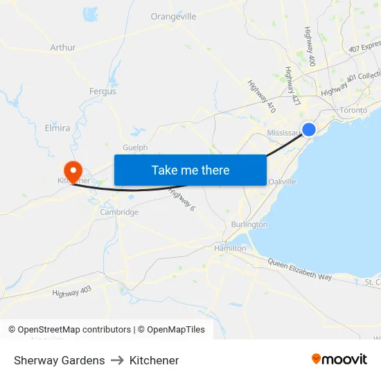 Sherway Gardens to Kitchener map
