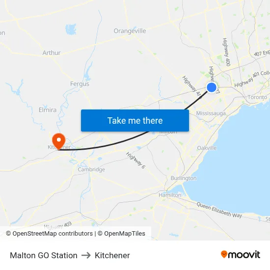 Malton GO Station to Kitchener map