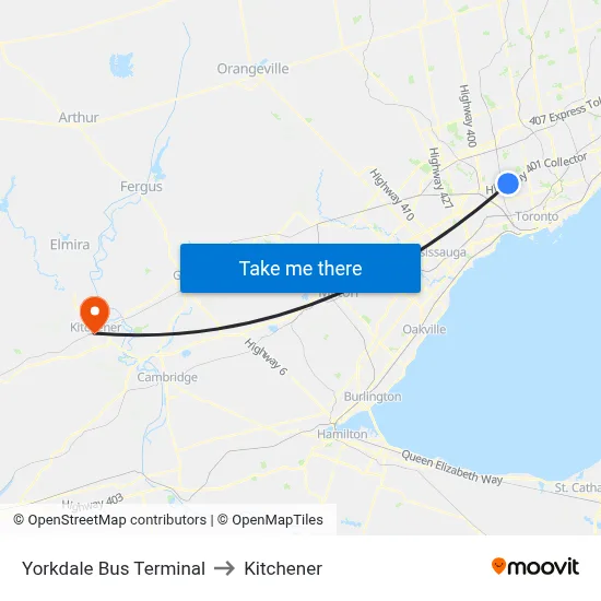 Yorkdale Bus Terminal to Kitchener map