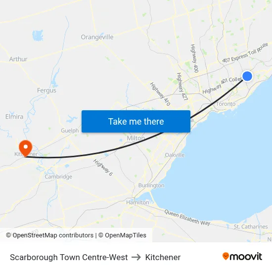 Scarborough Town Centre-West to Kitchener map
