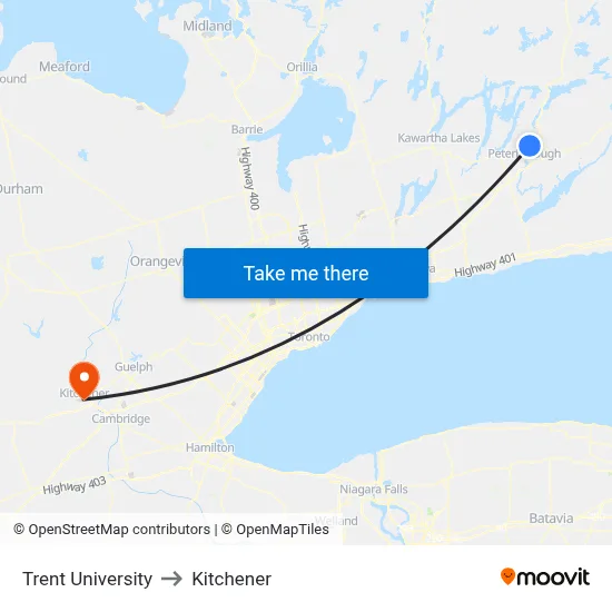 Trent University to Kitchener map