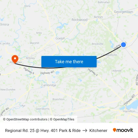 Regional Rd. 25 @ Hwy. 401 Park & Ride to Kitchener map
