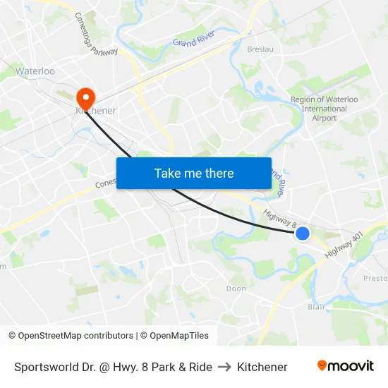 Sportsworld Dr. @ Hwy. 8 Park & Ride to Kitchener map