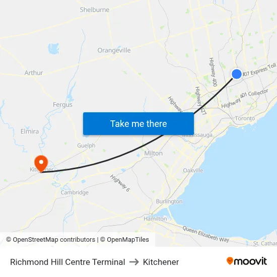 Richmond Hill Centre Terminal to Kitchener map