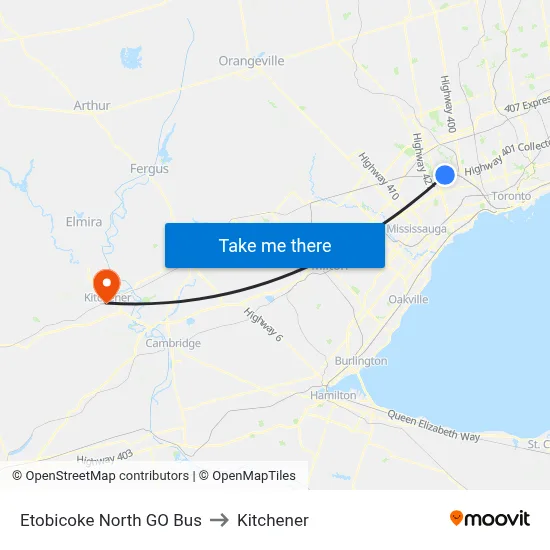 Etobicoke North GO Bus to Kitchener map