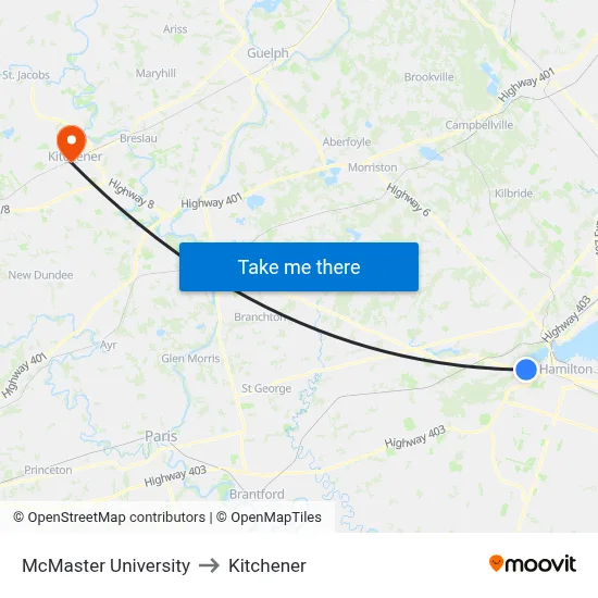 McMaster University to Kitchener map