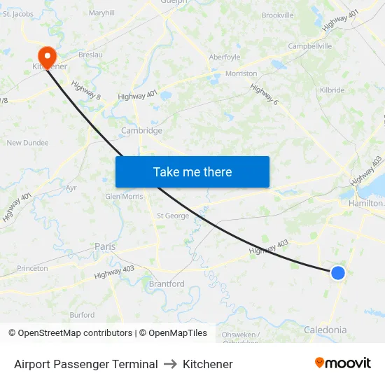 Airport Passenger Terminal to Kitchener map