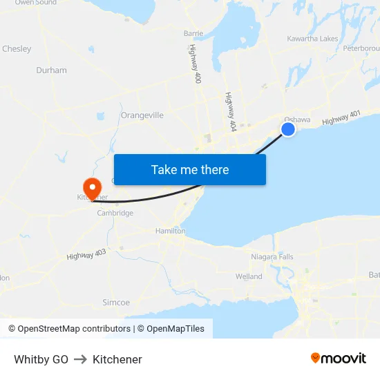 Whitby GO to Kitchener map
