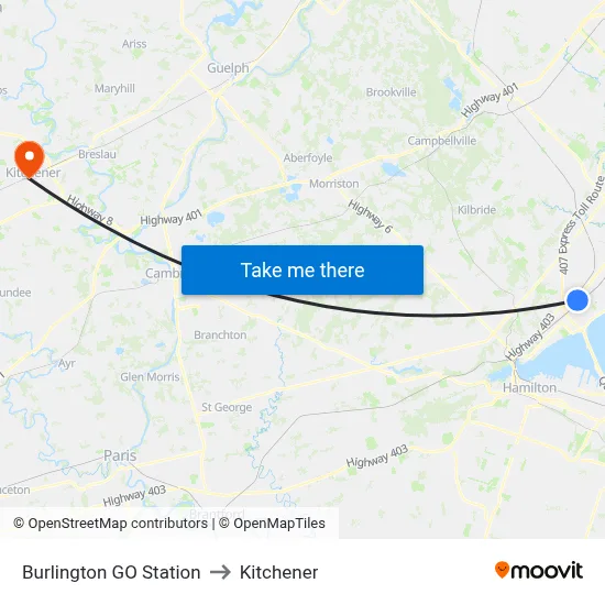 Burlington GO Station to Kitchener map