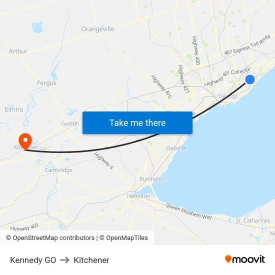 Kennedy GO to Kitchener map
