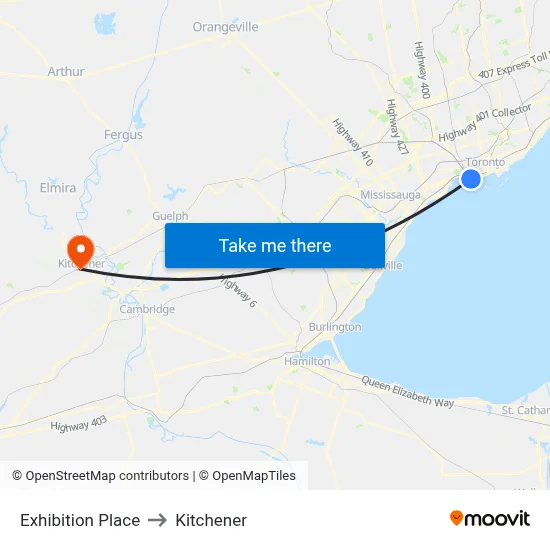 Exhibition Place to Kitchener map