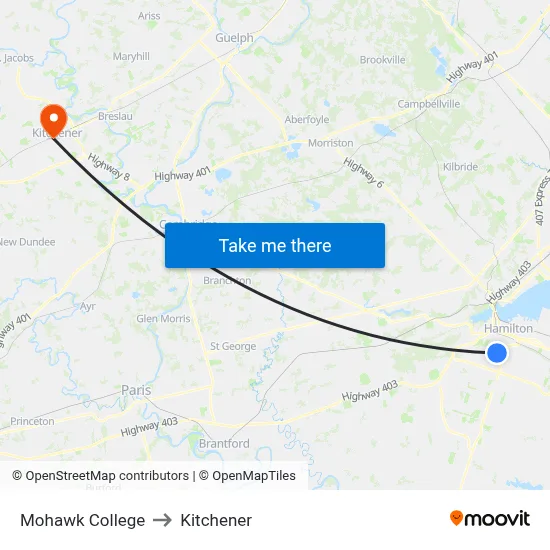 Mohawk College to Kitchener map
