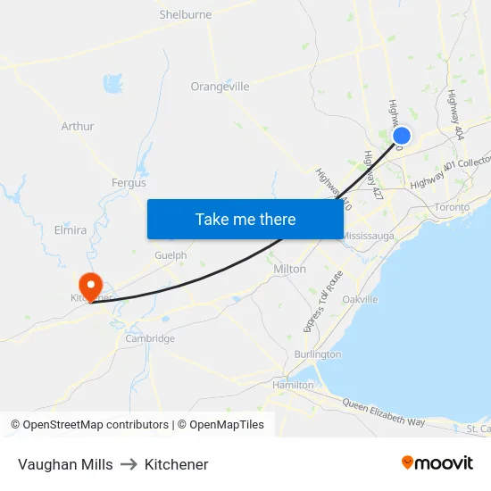 Vaughan Mills to Kitchener map