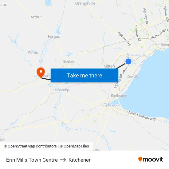 Erin Mills Town Centre to Kitchener map