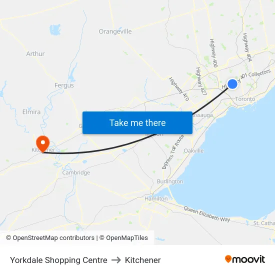 Yorkdale Shopping Centre to Kitchener map