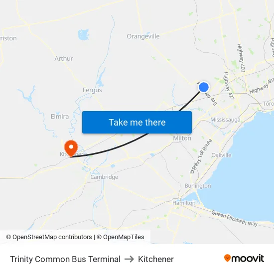 Trinity Common Bus Terminal to Kitchener map