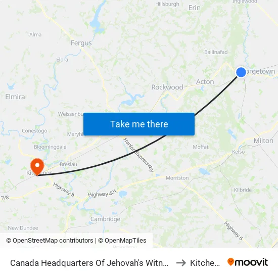 Canada Headquarters Of Jehovah's Witnesses to Kitchener map