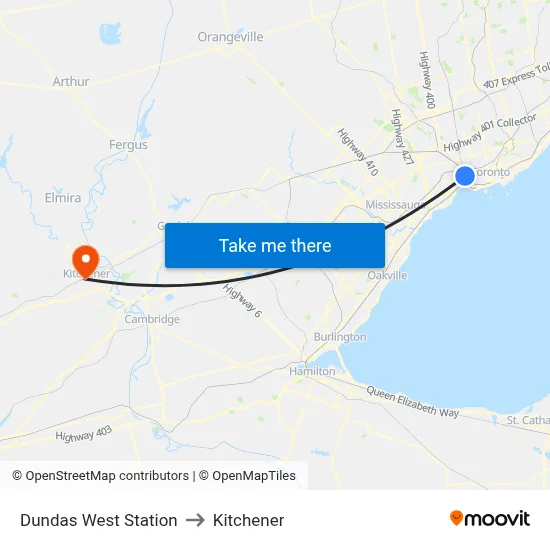Dundas West Station to Kitchener map