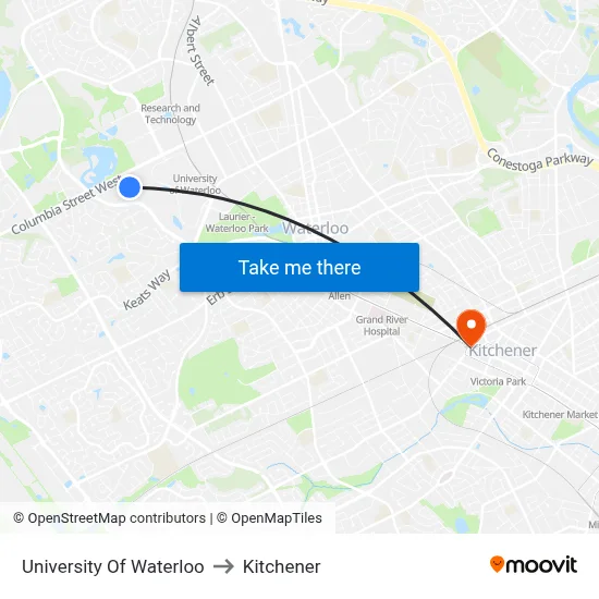 University Of Waterloo to Kitchener map
