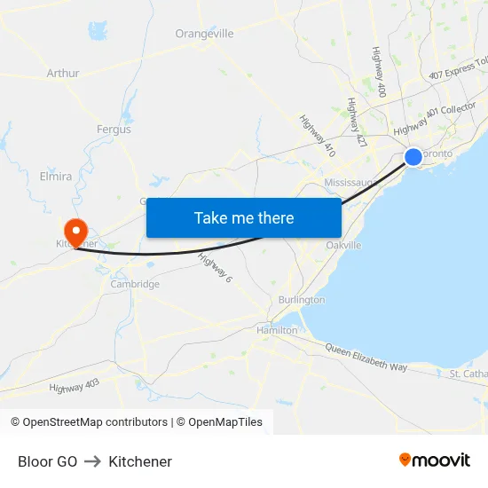Bloor GO to Kitchener map