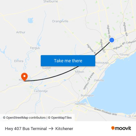 Hwy 407 Bus Terminal to Kitchener map