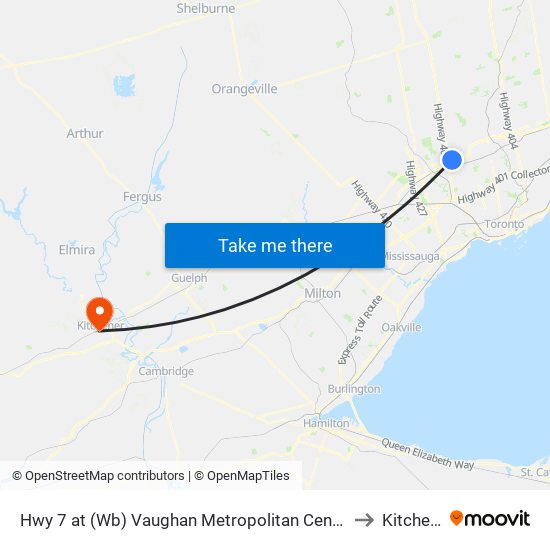 Hwy 7 at (Wb) Vaughan Metropolitan Centre Station to Kitchener map