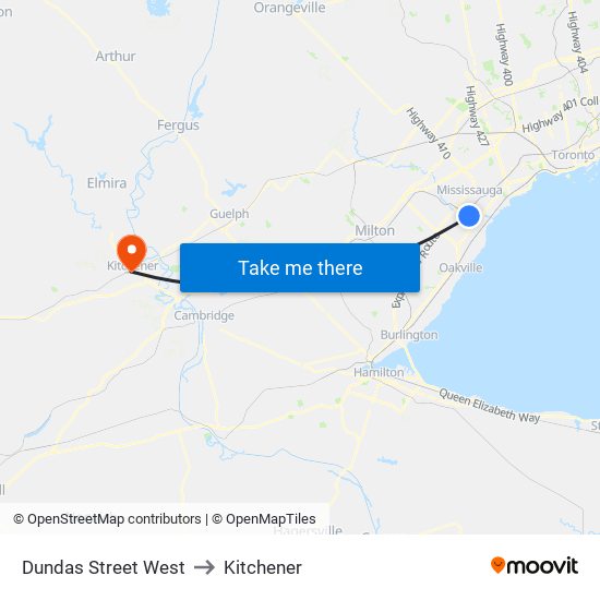 Dundas Street West to Kitchener map