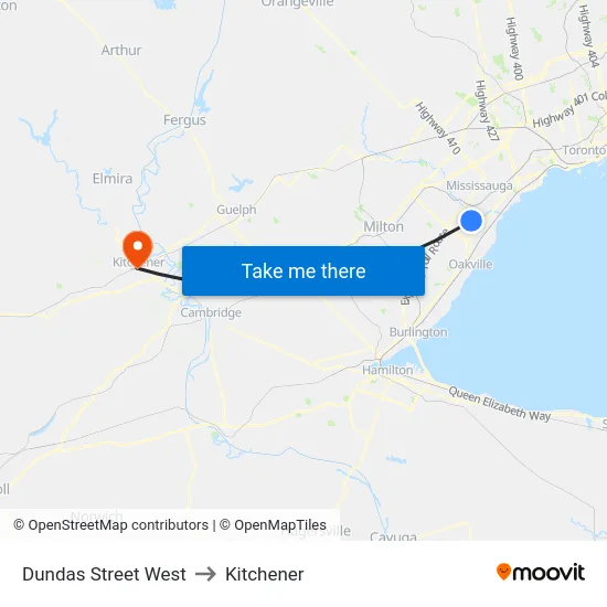 Dundas Street West to Kitchener map