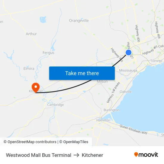 Westwood Mall Bus Terminal to Kitchener map