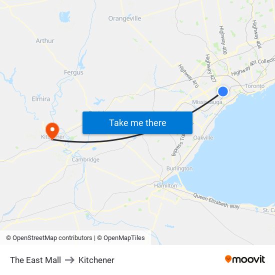 The East Mall to Kitchener map