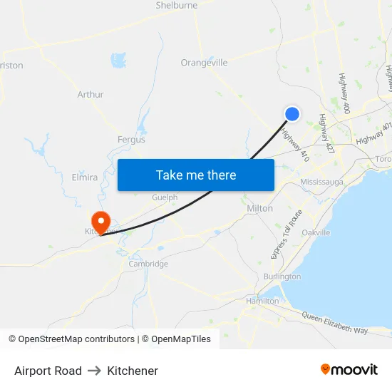 Airport Road to Kitchener map