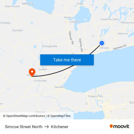 Simcoe Street North to Kitchener map