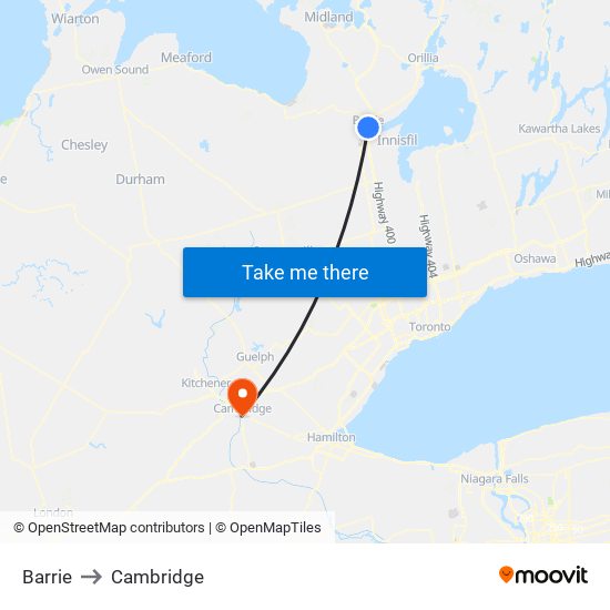 Barrie to Cambridge map