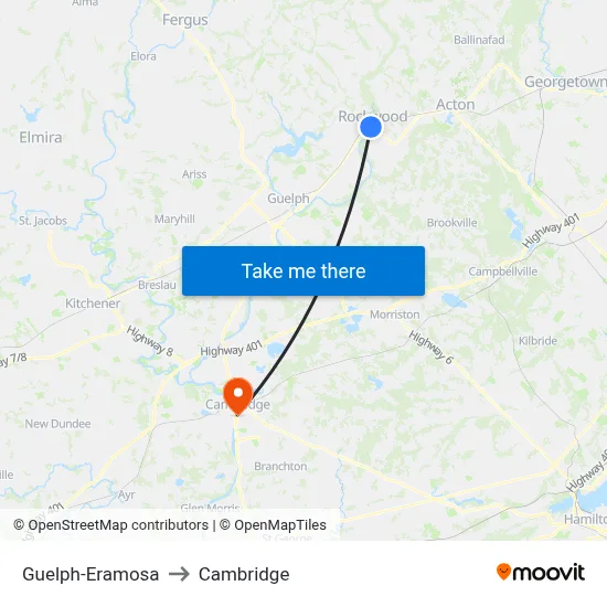Guelph-Eramosa to Cambridge map