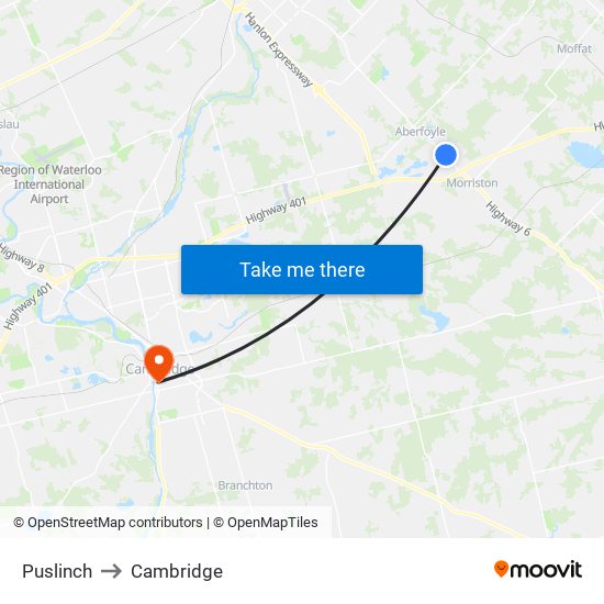 Puslinch to Cambridge map