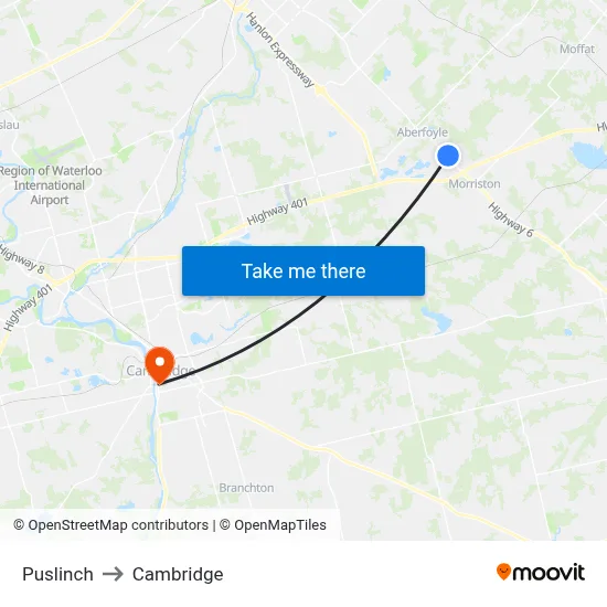 Puslinch to Cambridge map
