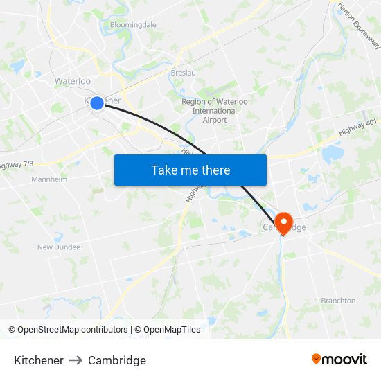 Kitchener to Cambridge map