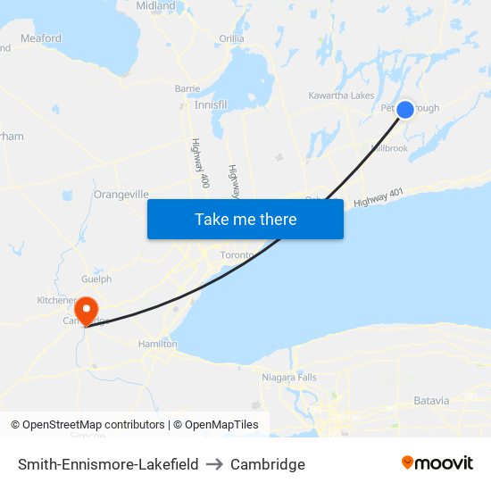 Smith-Ennismore-Lakefield to Cambridge map