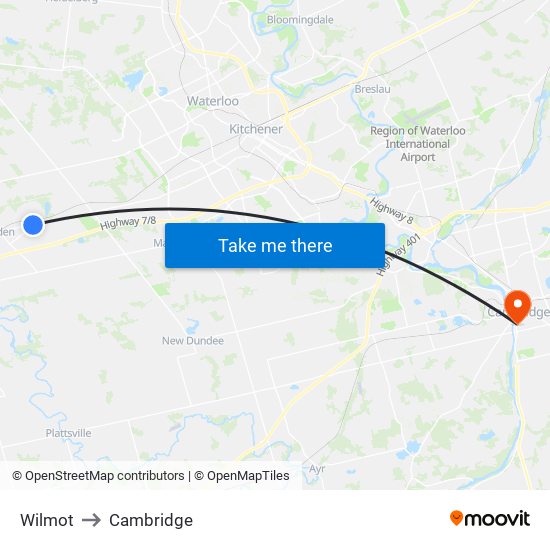 Wilmot to Cambridge map