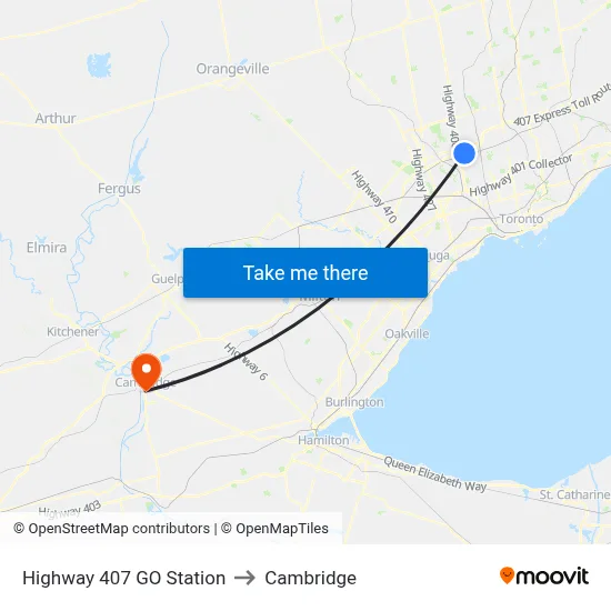 Highway 407 GO Station to Cambridge map
