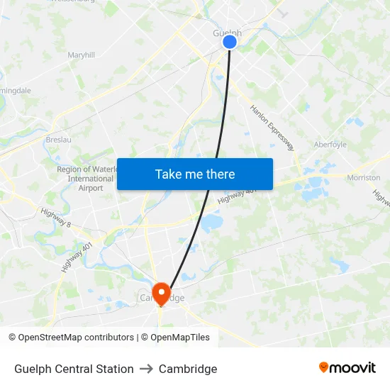 Guelph Central Station to Cambridge map