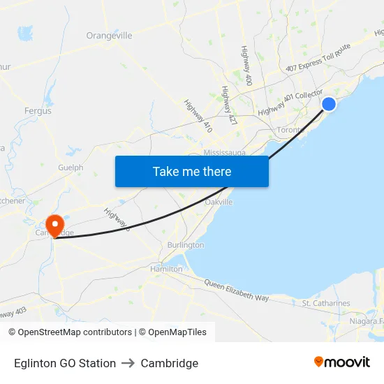 Eglinton GO Station to Cambridge map